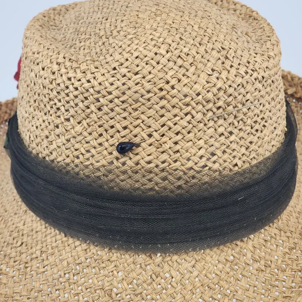 Eric Javits Luxury Squishee Sun Hat Beige Packable Woven Rose Brim Hatpin Vtg - Picture 7 of 14